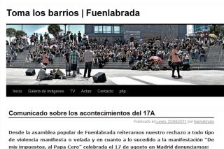 El ayuntamiento de Fuenlabrada estudia denunciar a una web de la Plataforma 15M por utilizar su nombre. Foto: Portada de la web http://fuenlabrada.tomalosbarrios.net/