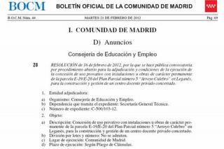 La Comunidad de Madrid publica la polmica cesin de un terreno en Legans para un colegio concertado. 