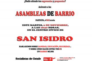 El PSOE de Getafe convoca asambleas de barrio para recoger las propuestas de los vecinos y ser su altavoz en el Pleno.